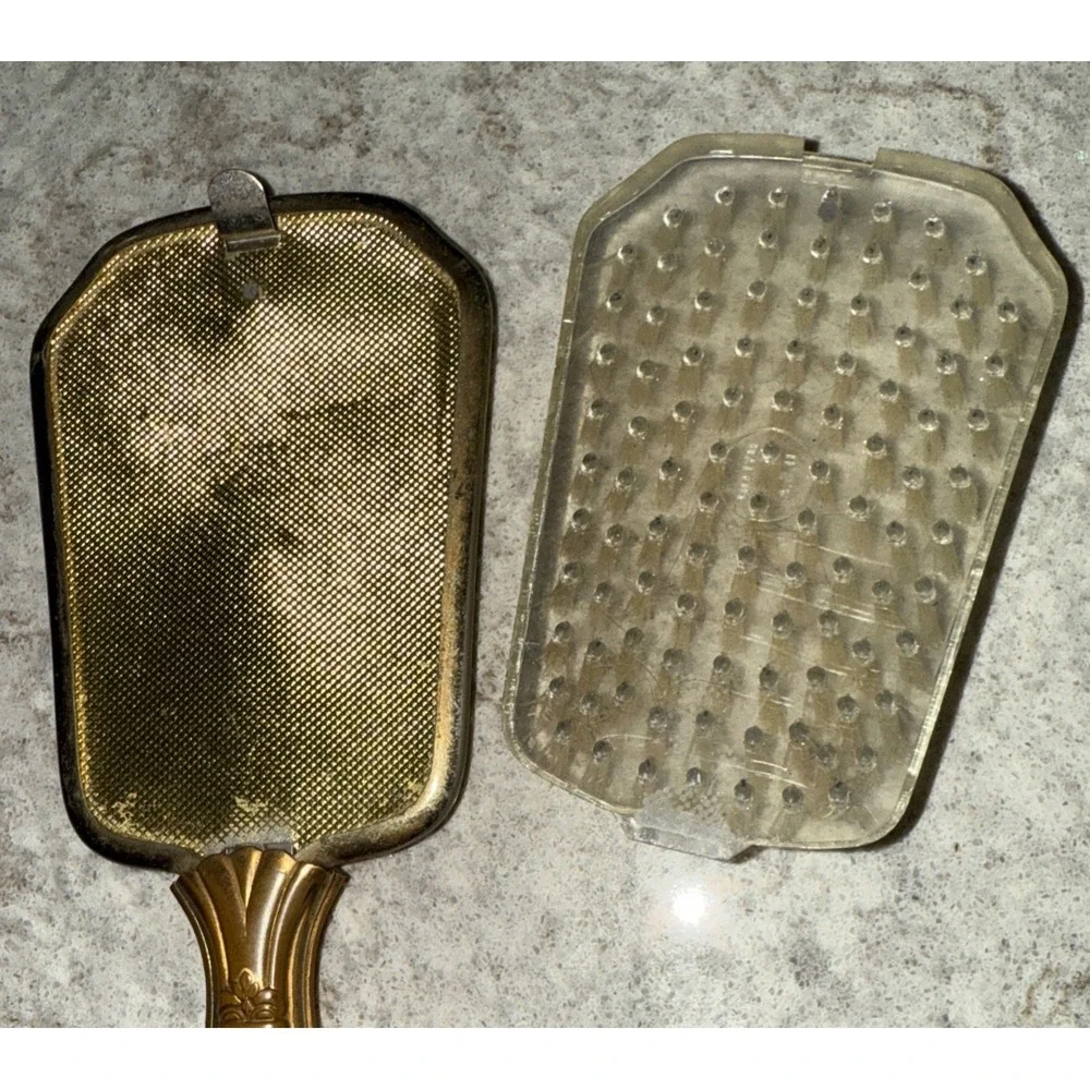 Vintage Victorian Hair Brush Copper Handle 3D Flower Accents Removable Brush